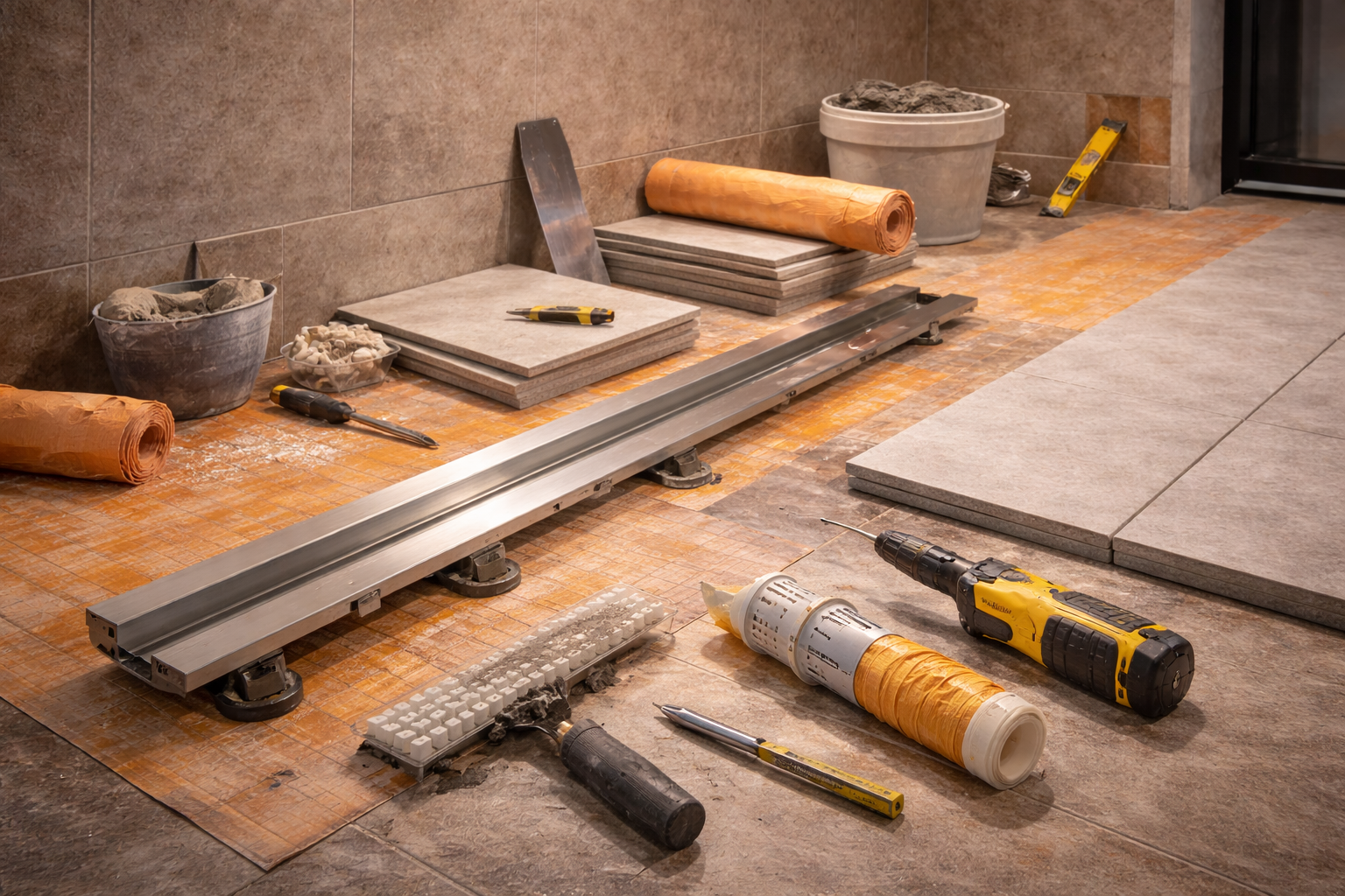 Linear drain planning graphic with drain placement options, floor slope direction, tile layout, and waterproofing notes