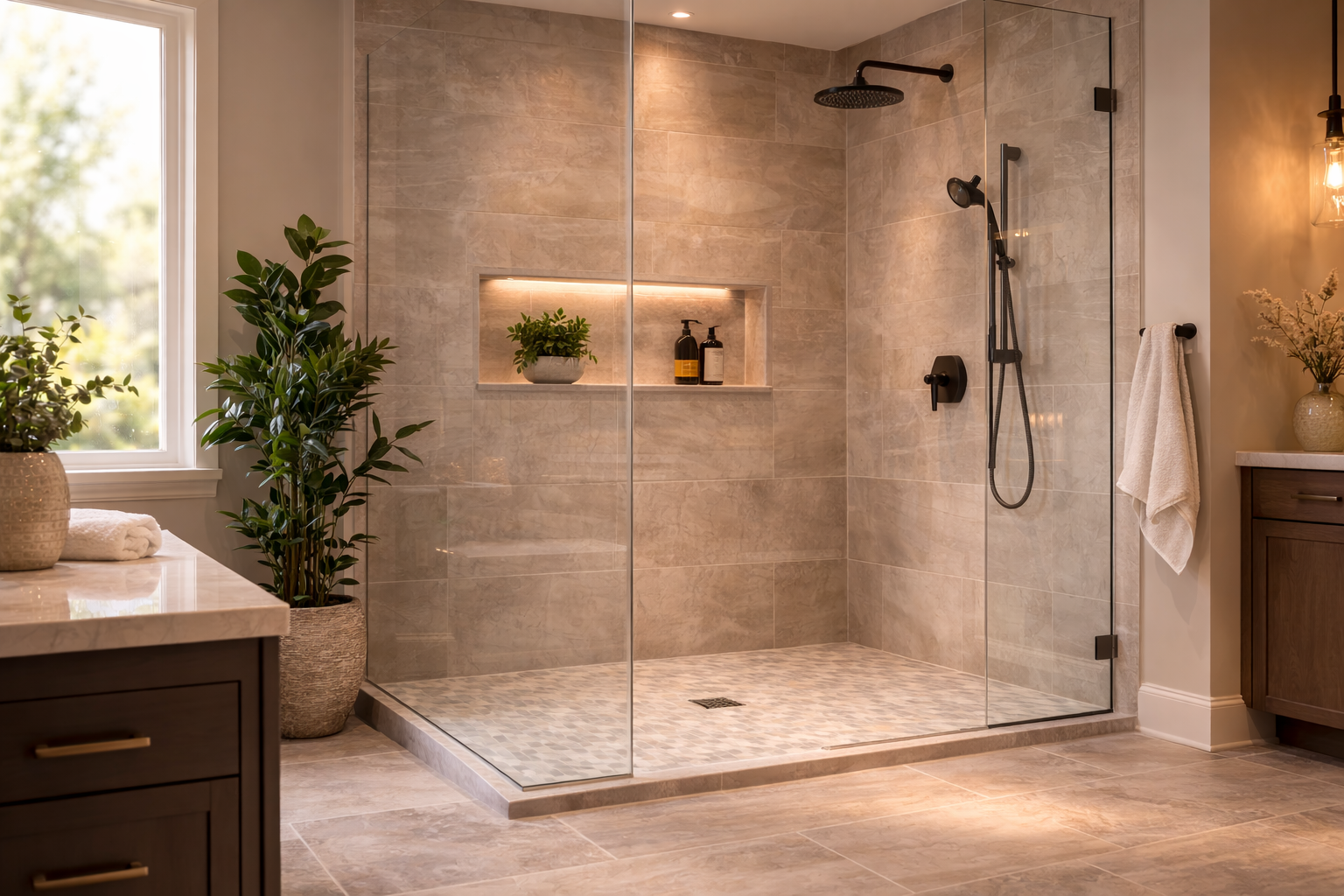 Walk-in shower guide with open entry shower layout, tile floor, and bathroom planning context