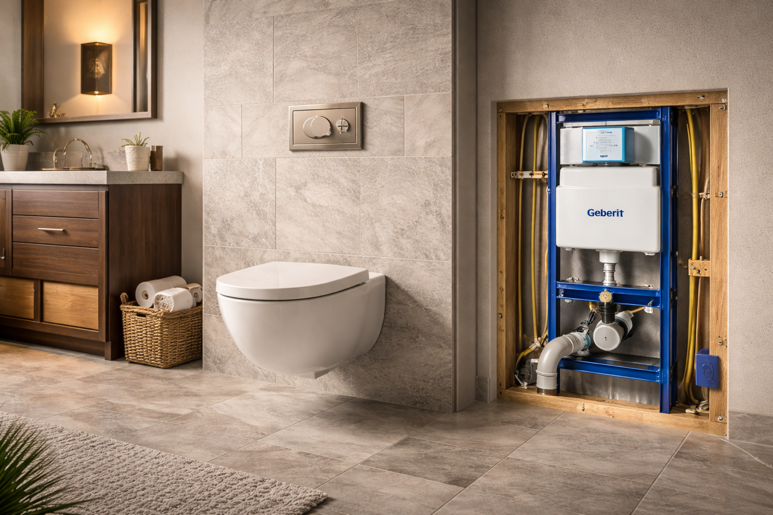 Wall-mounted toilet with concealed tank, floating bowl, flush plate, and open floor space in a modern bathroom