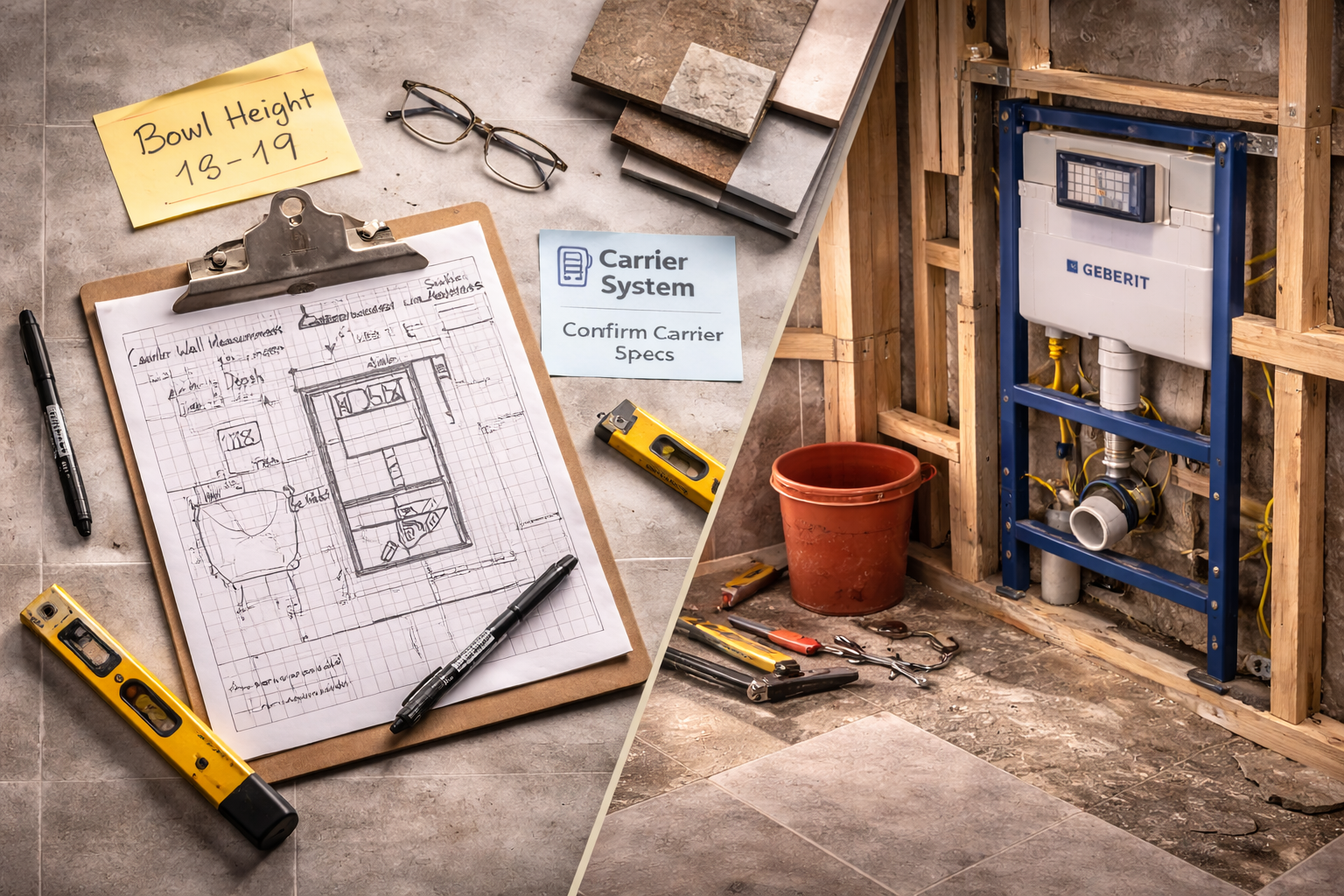 Wall-mounted toilet planning graphic with carrier frame notes, in-wall tank layout, wall finish choices, and clearance measurements