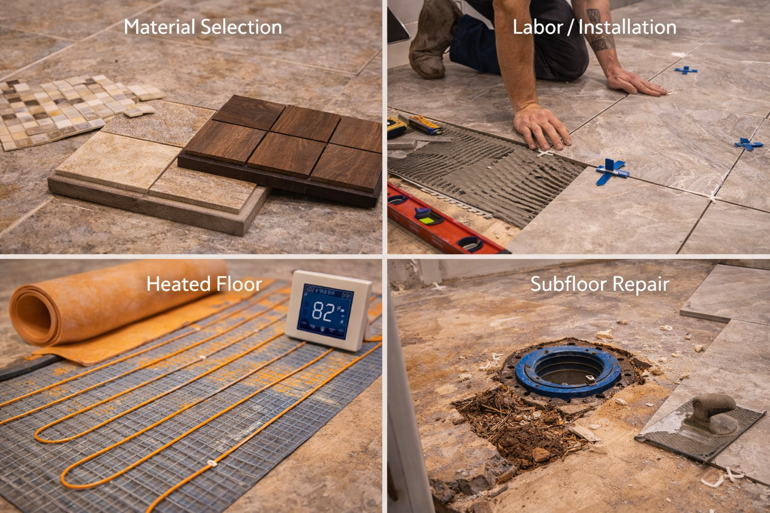 Bathroom flooring cost factors including material type, layout complexity, waterproofing needs, trim work, and installation labor