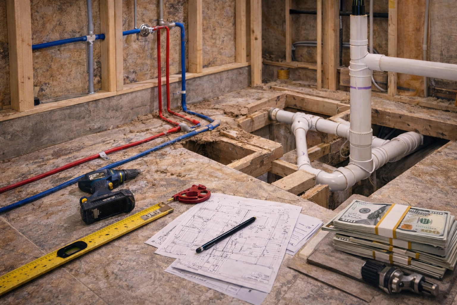 Bathroom layout change cost factors including plumbing moves, wall changes, fixture replacements, waterproofing, and installation labor