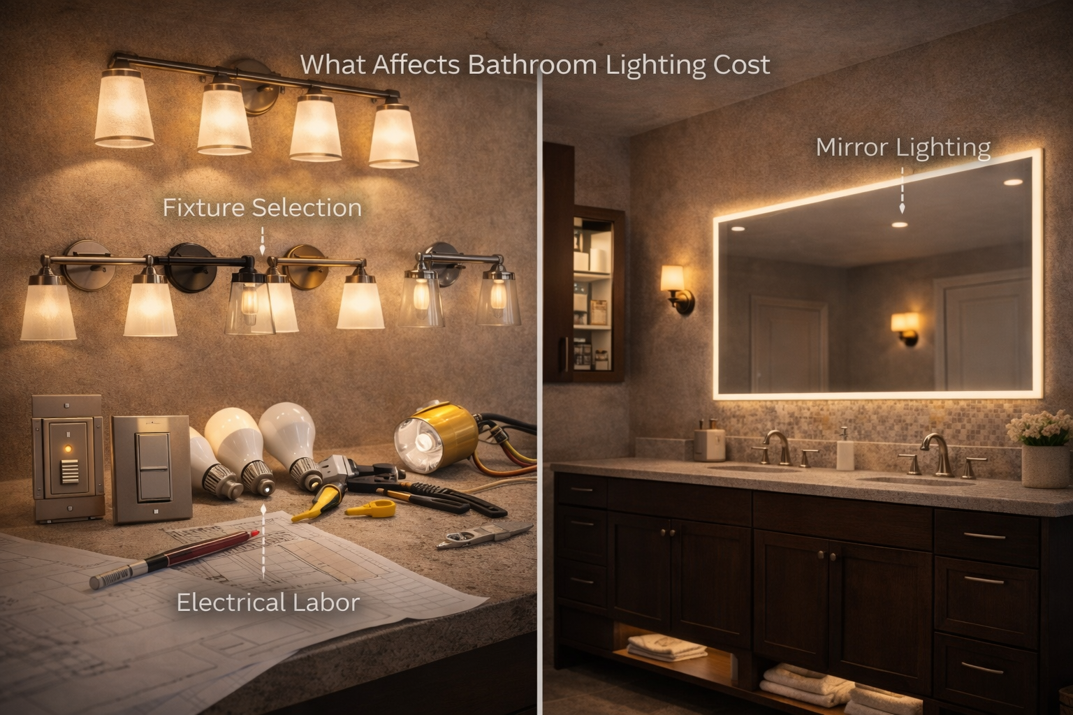 Bathroom lighting cost factors including fixture count, damp-rated features, control systems, electrical work, and installation labor