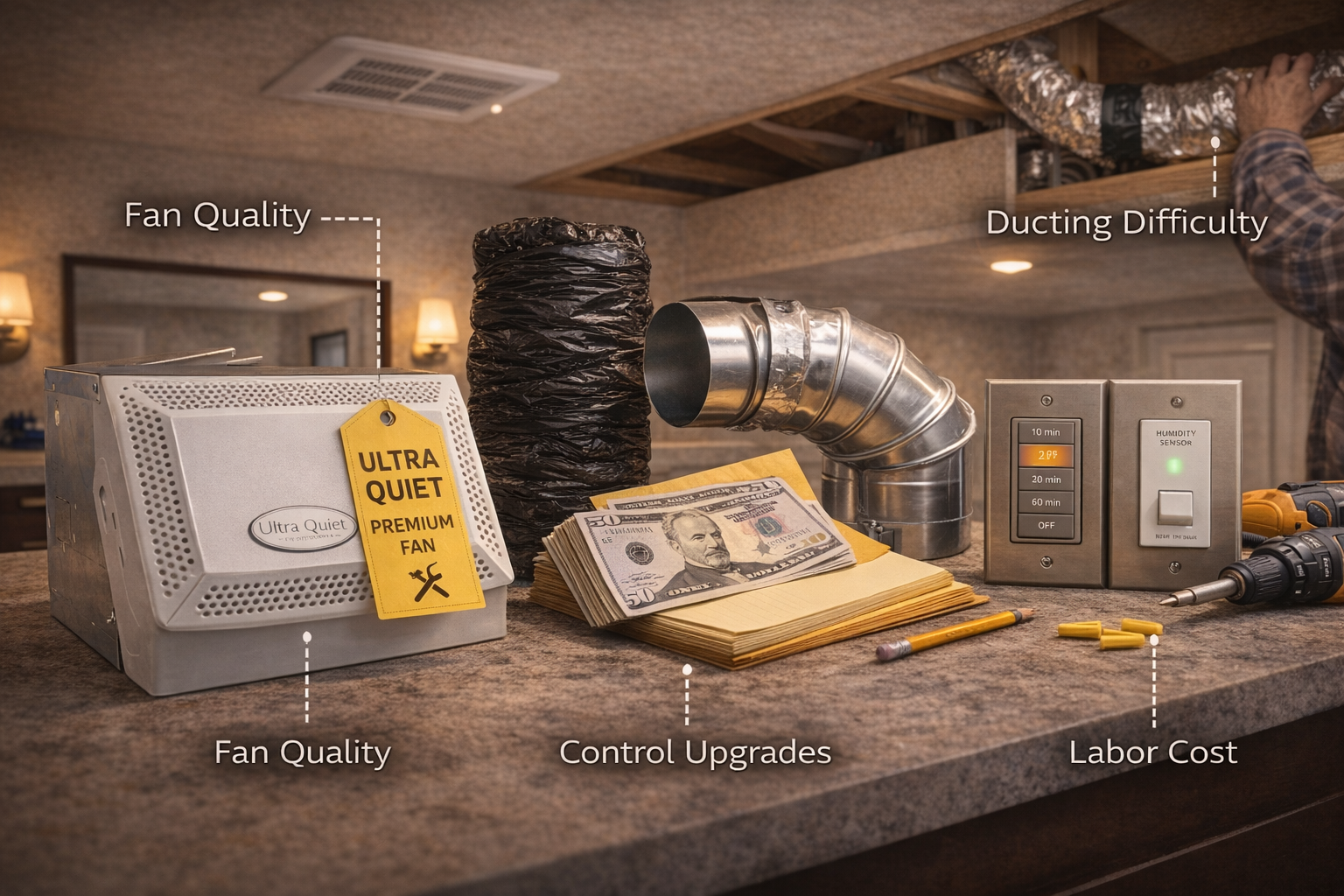 Bathroom ventilation cost factors including fan quality, ducting difficulty, control upgrades, and labor