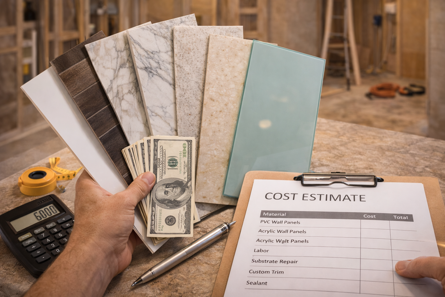 Bathroom wall panel cost factors including material type, panel size, finish level, trim complexity, and installation labor