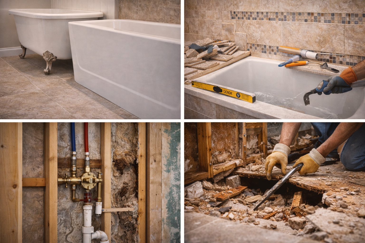 Bathtub remodel cost factors including tub type, fixture style, plumbing work, wall finishes, floor prep, and installation labor