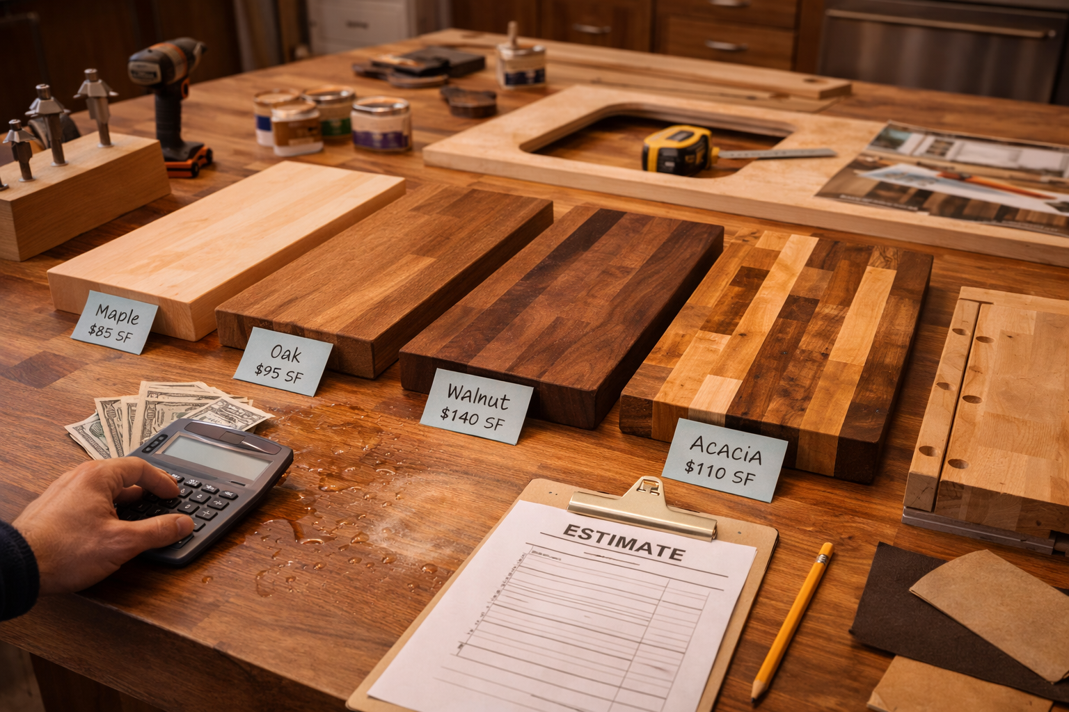 Butcher block countertop cost factors including wood species, thickness, finish type, cutout complexity, and installation labor
