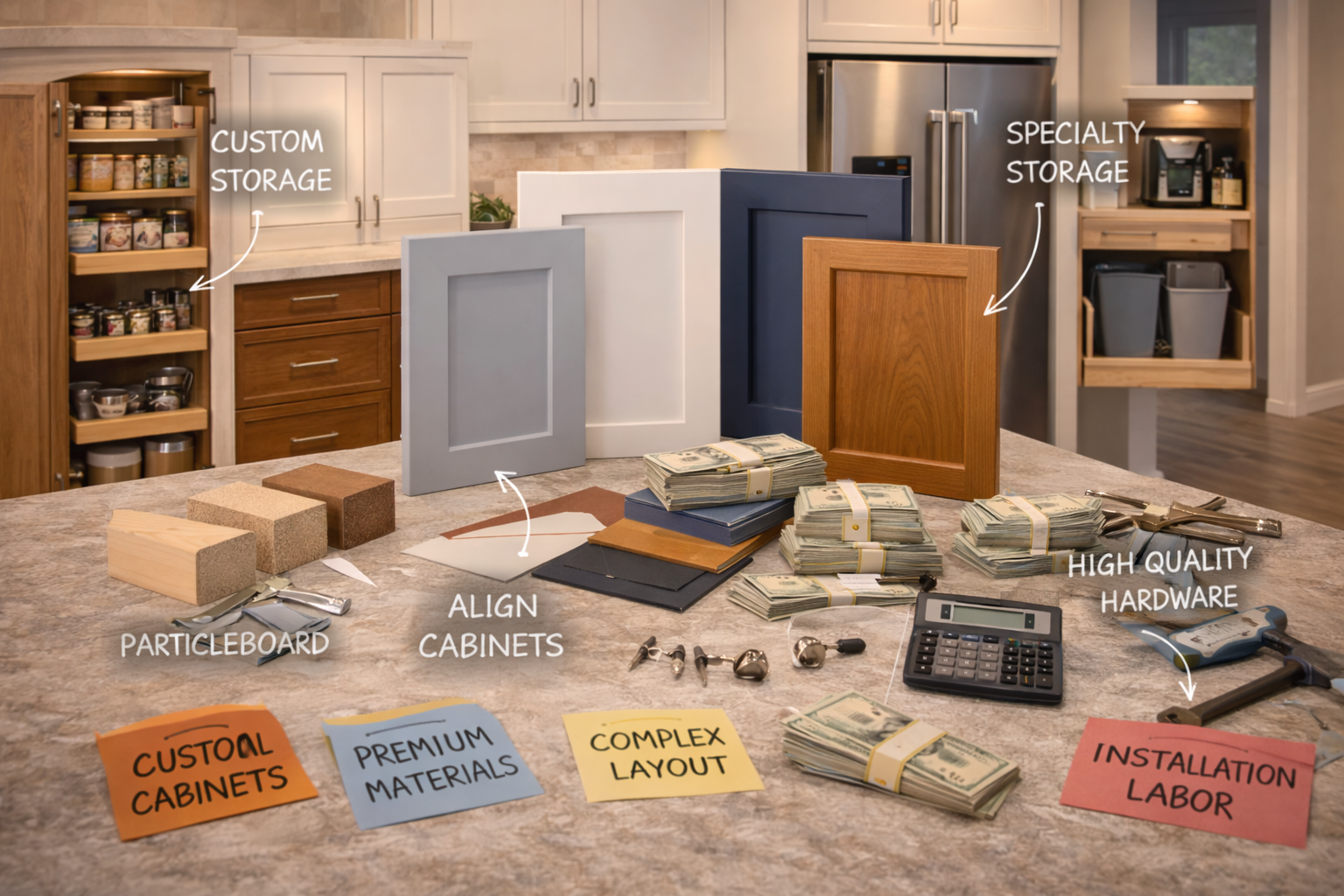 Cabinet remodel cost factors including cabinet type, finish quality, storage upgrades, layout changes, and installation labor