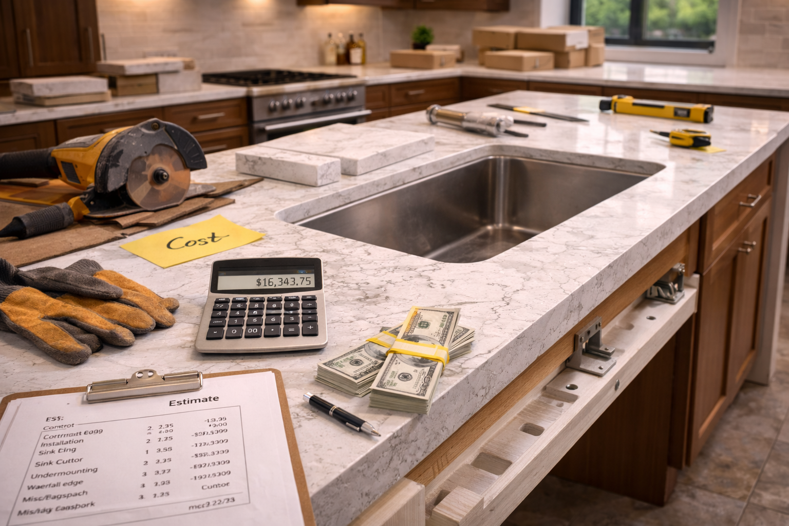 Countertop remodel cost factors including surface material, edge profile, cutout complexity, slab size, and installation labor