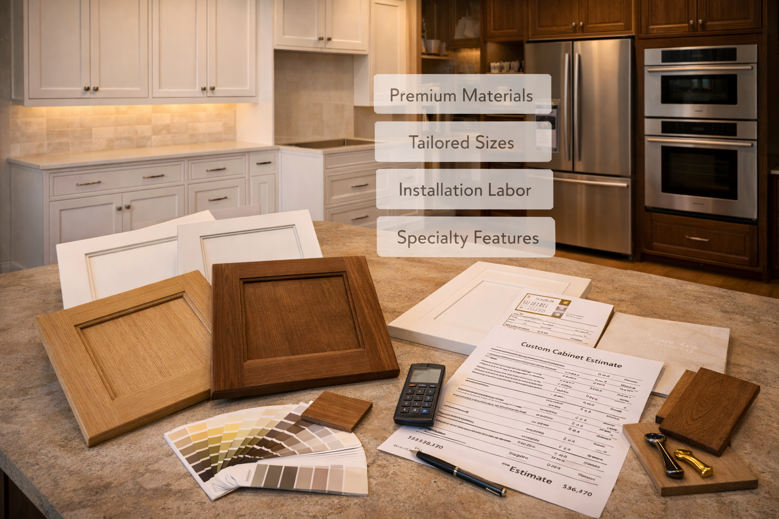 Custom cabinet cost factors shown through wood species, finish quality, fitted sizing, trim details, and storage upgrades