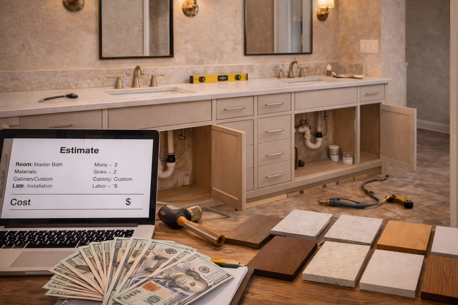 Custom vanity cost factors including cabinet construction, countertop fabrication, sink choice, finish quality, and plumbing work