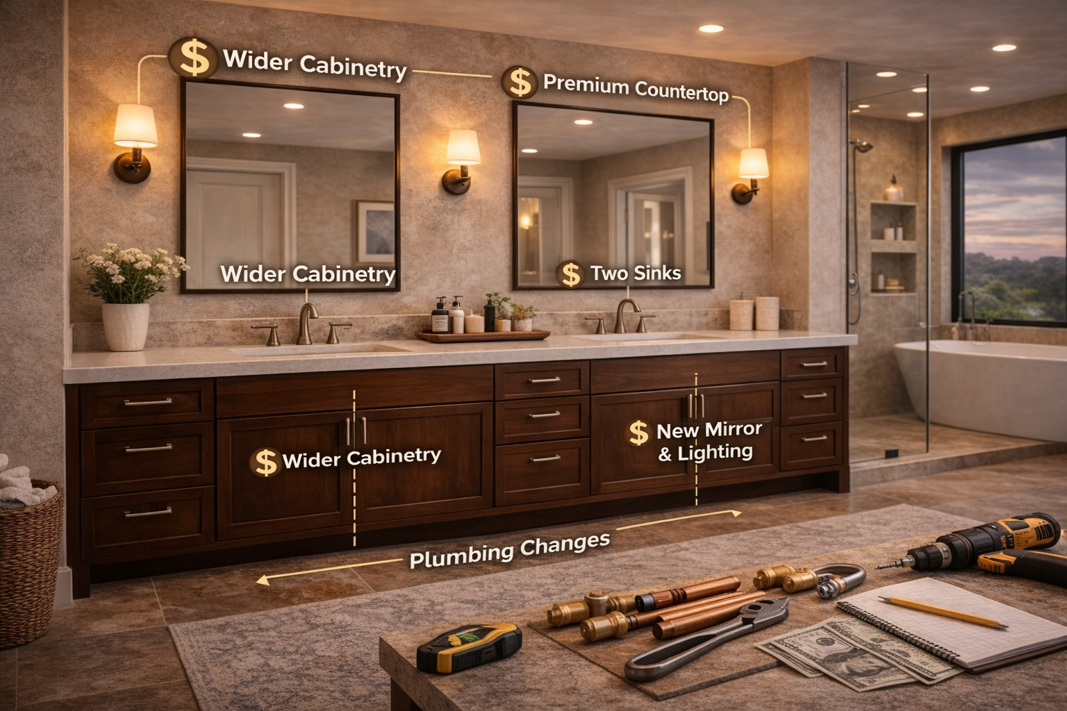 Double vanity cost factors including wider cabinetry, two sinks, larger countertops, plumbing work, and fixture upgrades