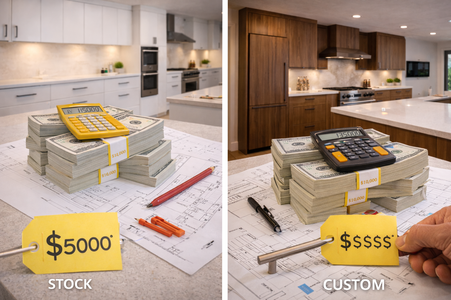 Flat-panel cabinet cost factors shown through material choices, kitchen size, hardware selections, and finish upgrades