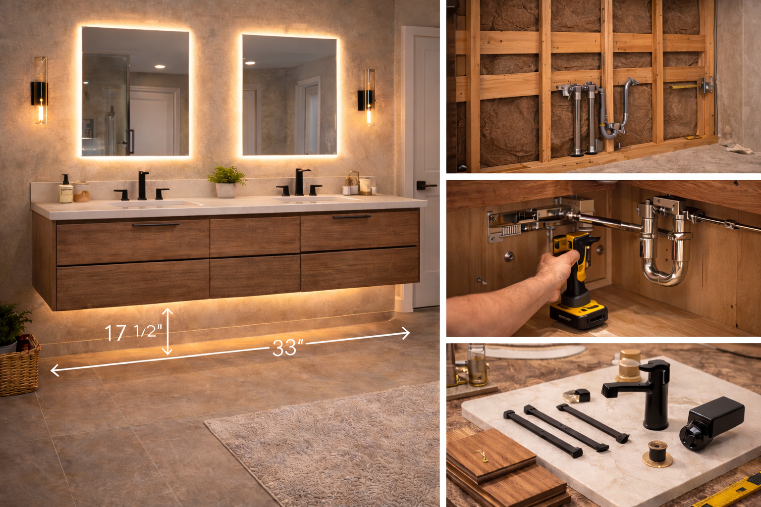 Floating vanity with support framing, drain hardware, faucet trim, and countertop materials that affect project cost