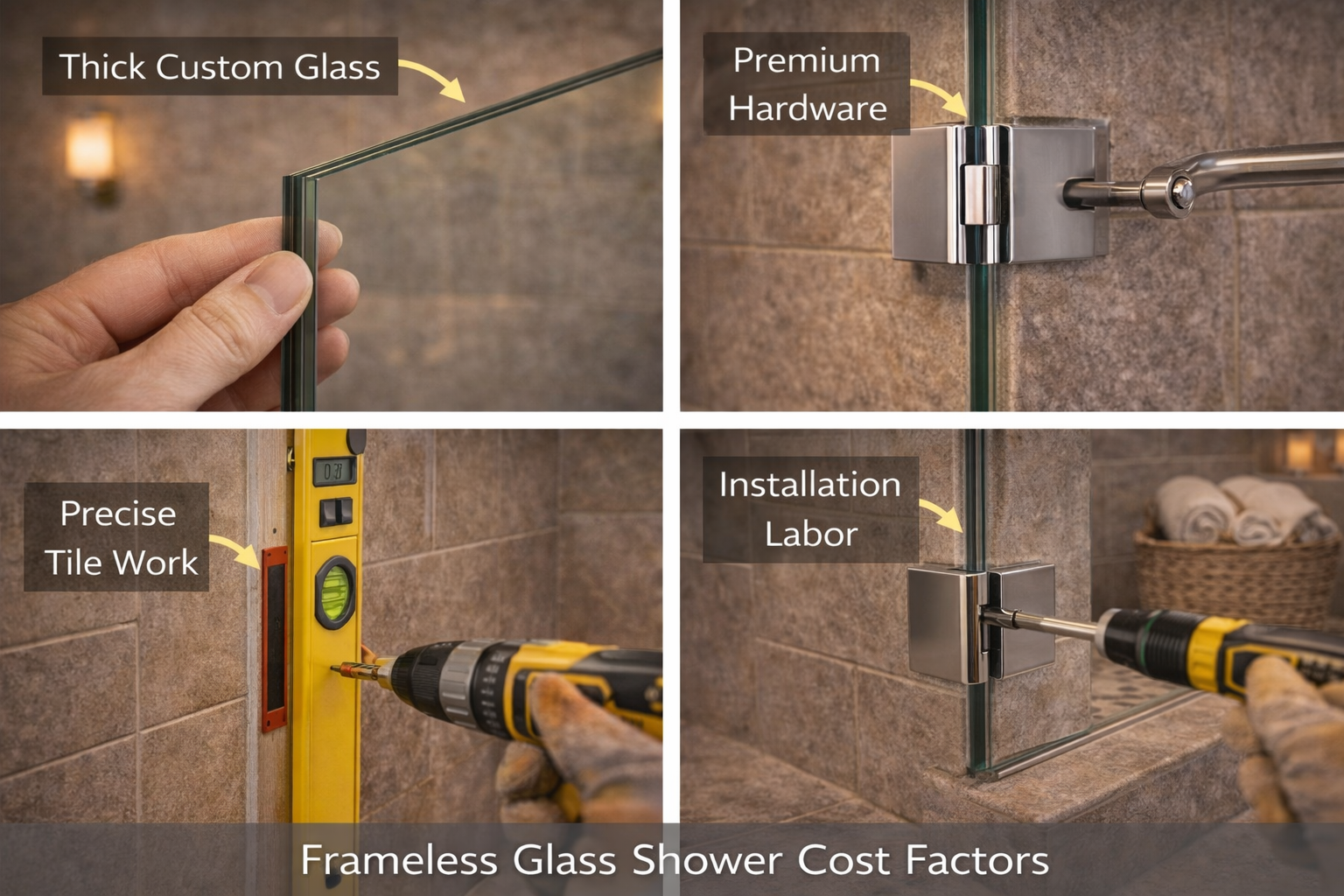 Frameless glass shower cost factors including glass thickness, panel count, hardware finish, custom sizing, and installation labor