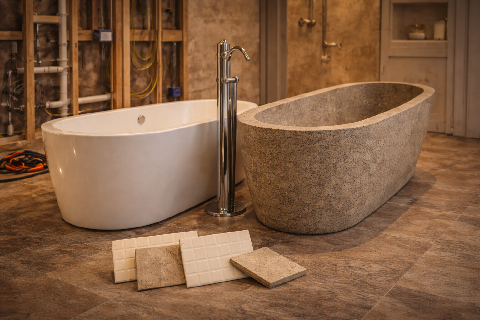 Freestanding bathtub cost factors including tub material, size, filler style, plumbing work, floor preparation, and installation labor