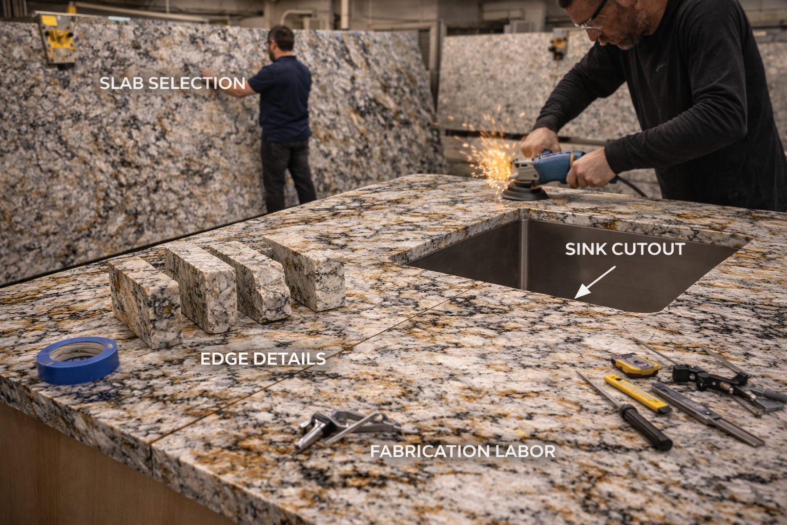 Granite countertop cost factors including slab selection, thickness, edge profile, cutout complexity, and installation labor