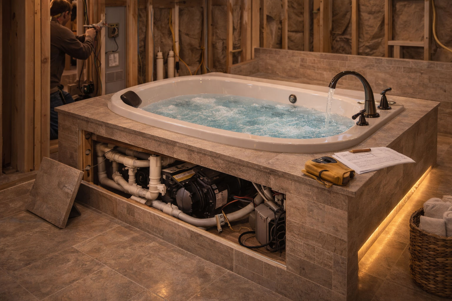 Jetted bathtub cost factors including tub size, jet system type, control features, electrical work, and installation labor