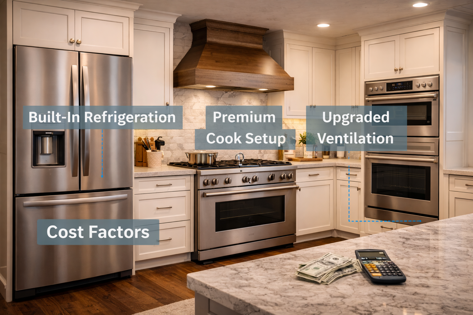 Kitchen appliance cost factors including brand level, fuel type, appliance size, built-in features, and installation work