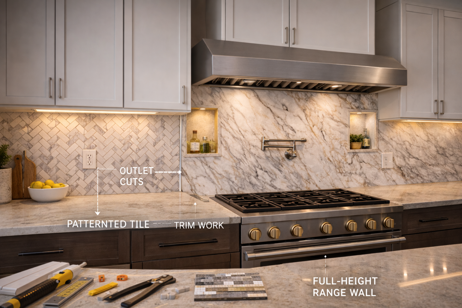 Kitchen backsplash remodel cost factors including material choice, pattern complexity, outlet cuts, edge finishing, and labor time