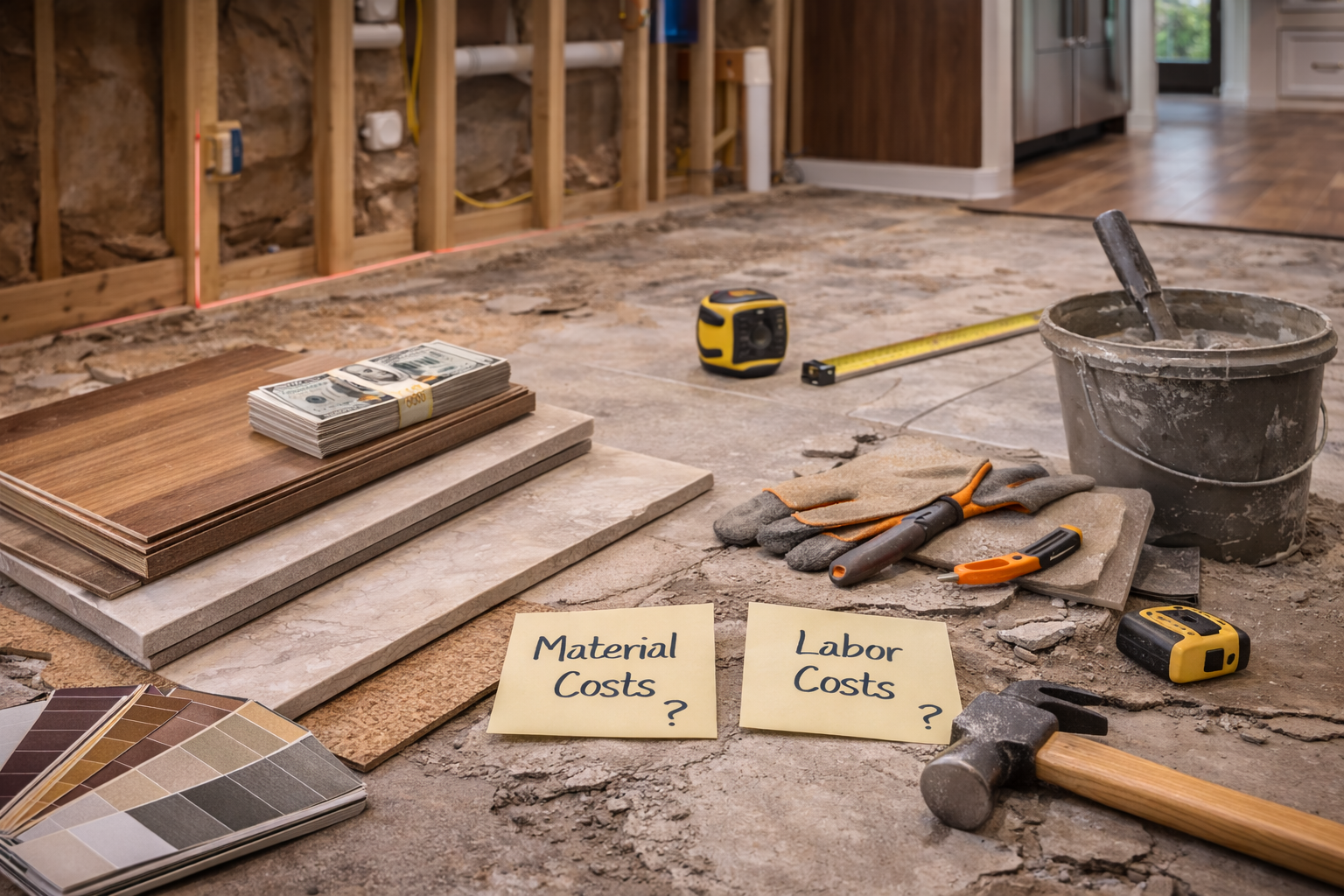 Kitchen flooring cost factors including material type, layout complexity, subfloor repair, trim work, and installation labor