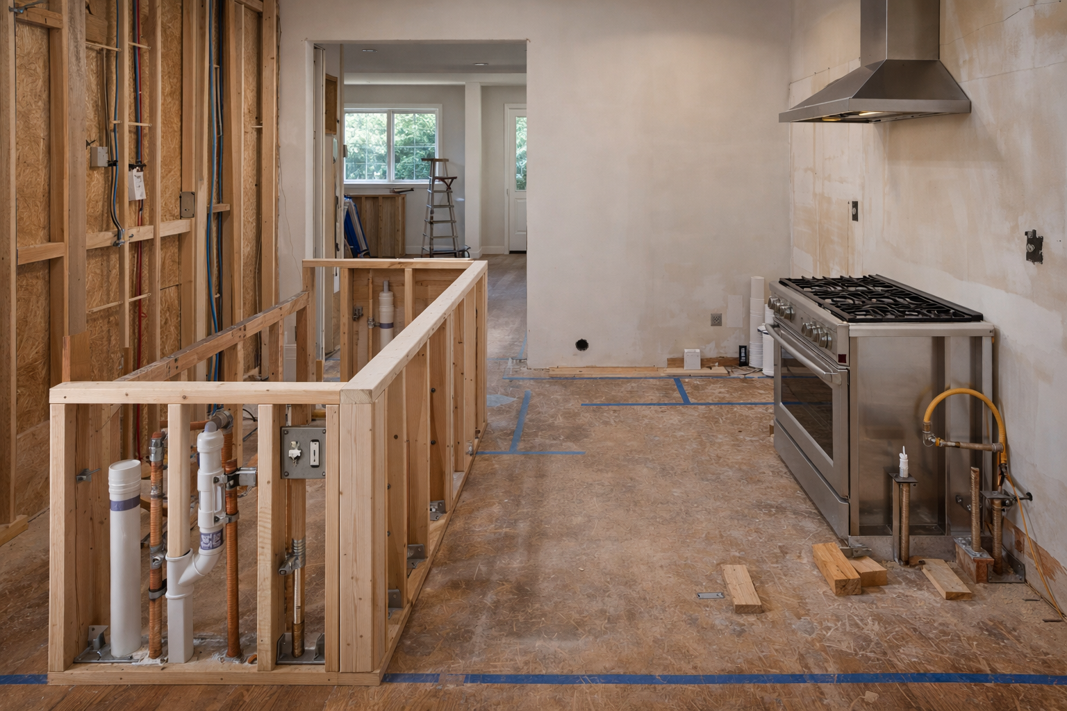 Kitchen layout change involving island move, plumbing, and structural work