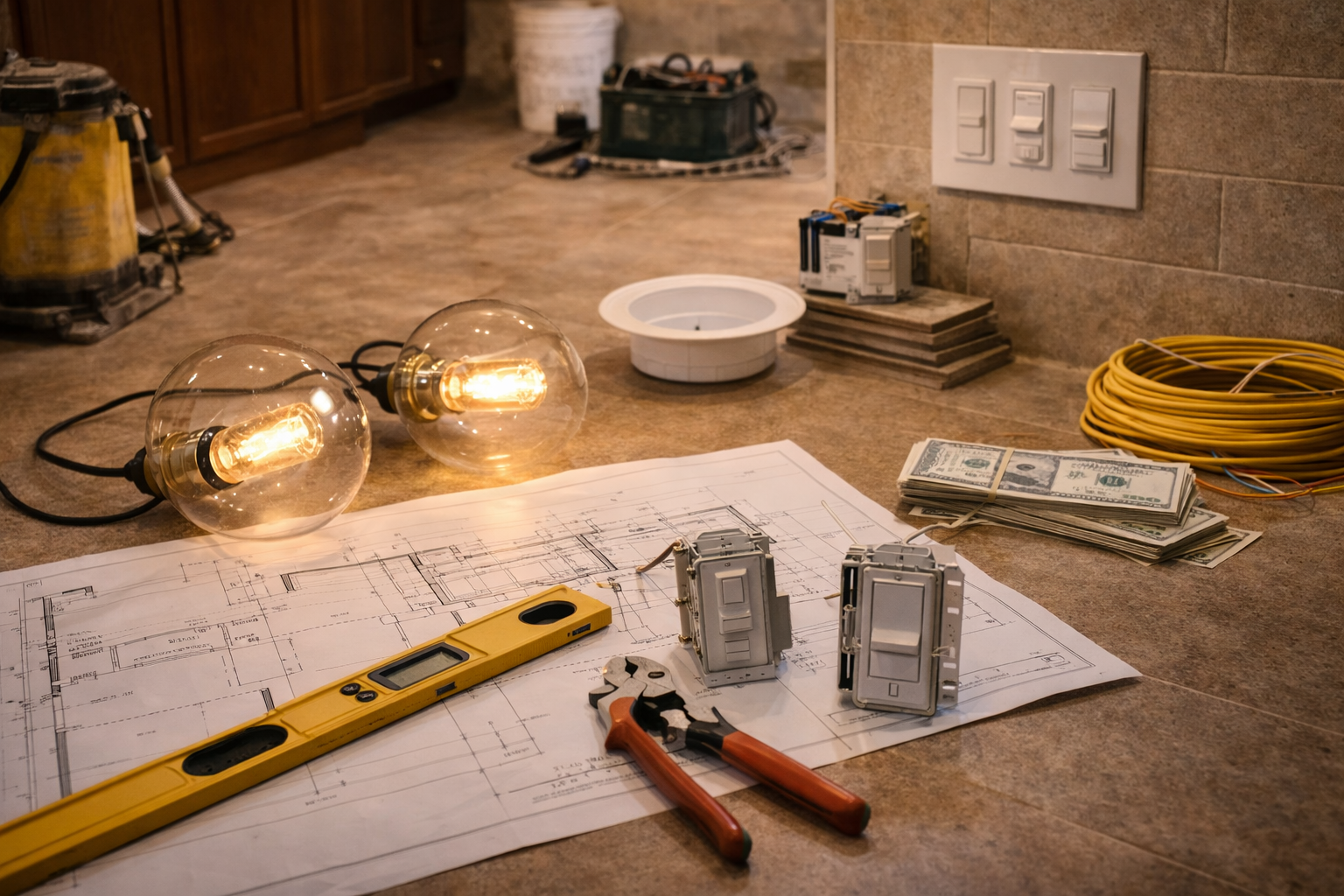 Kitchen lighting plan with fixture count, pendant upgrades, and dimmer controls