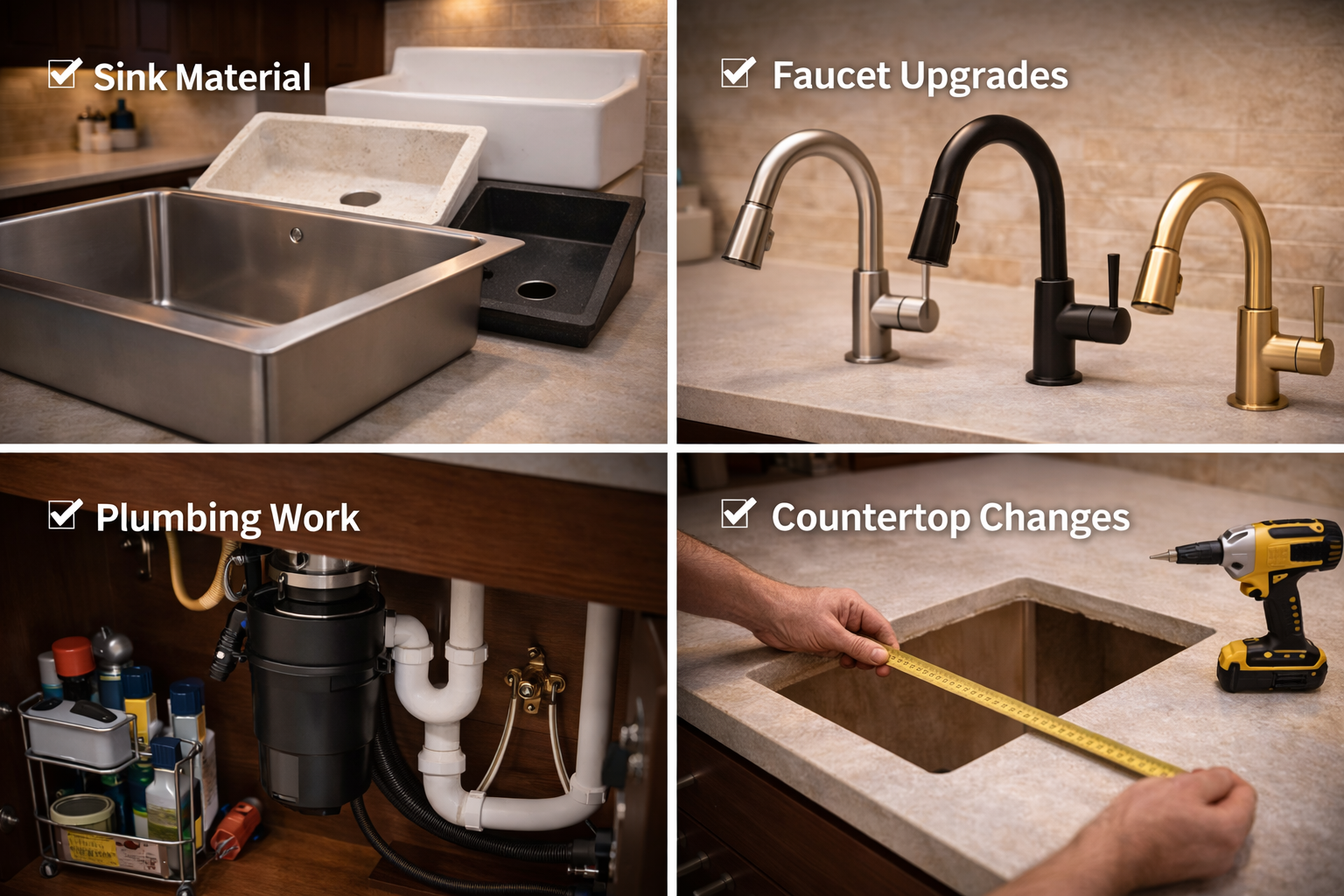 Kitchen sink remodel cost factors including sink style, faucet type, countertop modifications, plumbing work, and installation labor