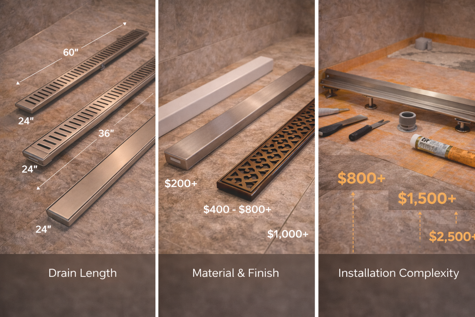 Linear drain cost factors including drain length, finish type, waterproofing method, floor layout complexity, and installation labor