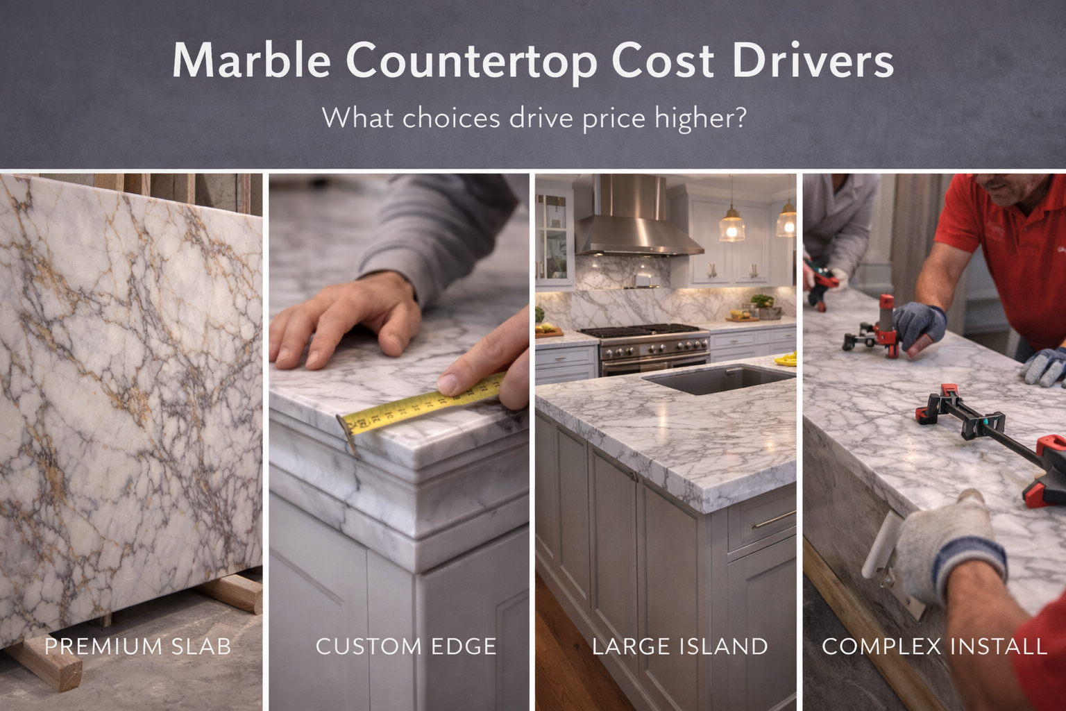 Marble countertop cost factors including slab rarity, veining selection, thickness, edge profile, cutout complexity, and labor