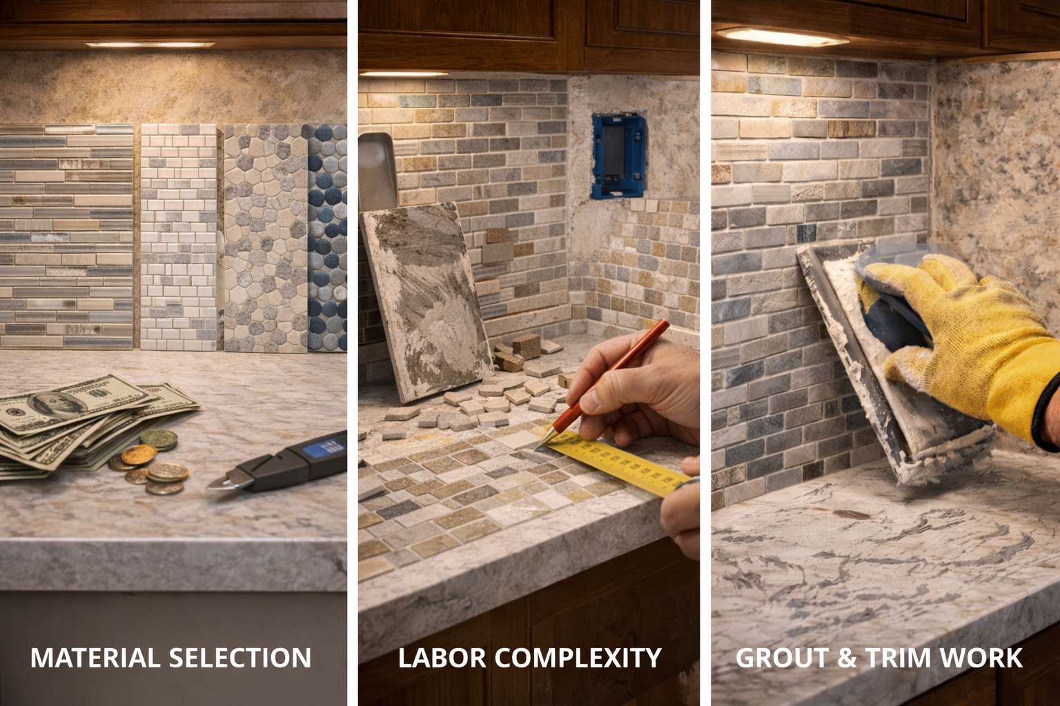 Mosaic tile backsplash cost factors including material choice, sheet complexity, grout work, edge finishing, and labor time