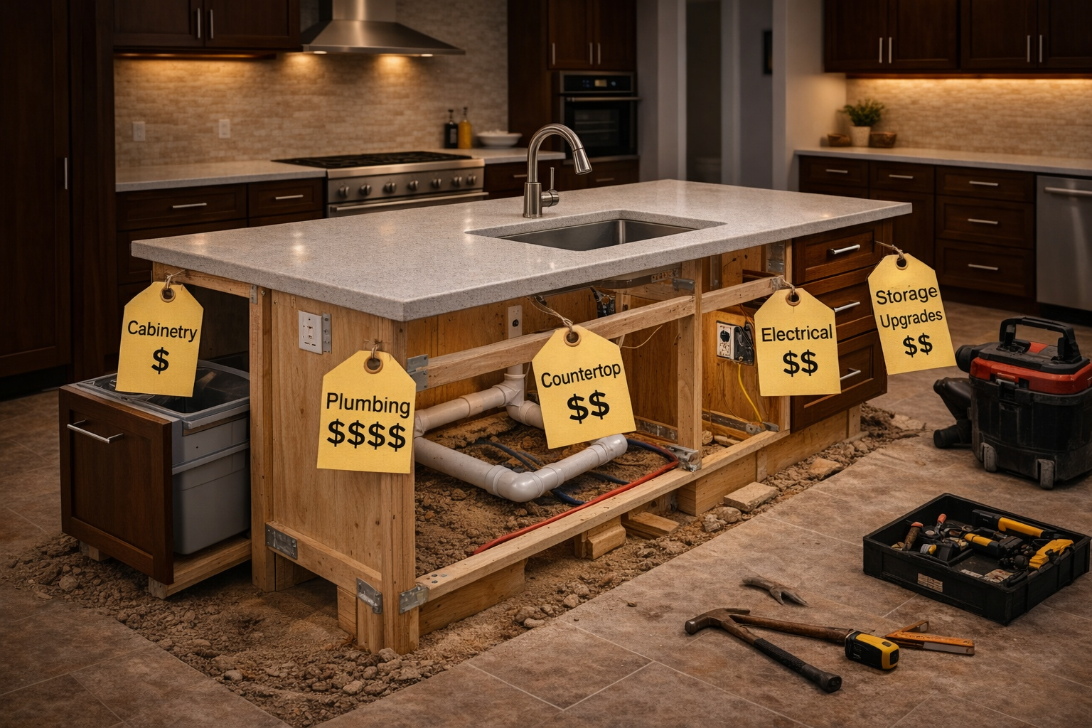 Prep island design with cabinetry, plumbing, and countertop upgrades