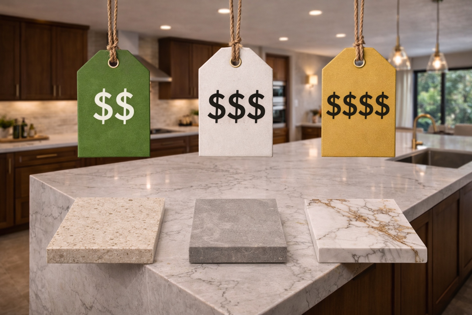 Quartz countertop cost factors including slab pattern, thickness, edge profile, island size, sink cutouts, and fabrication labor