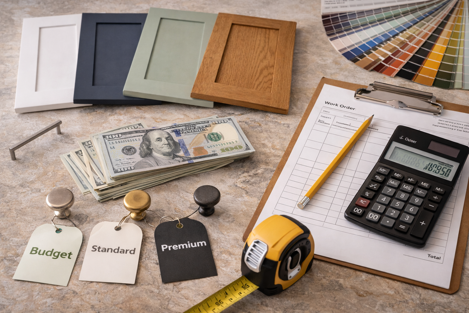 Shaker cabinet cost factors including wood species, finish quality, cabinet construction, storage upgrades, and installation work