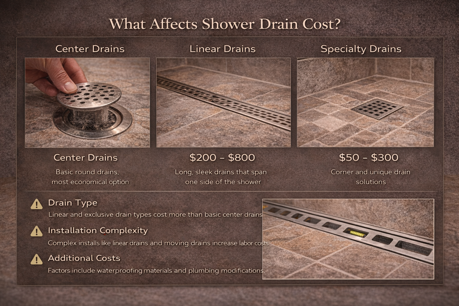 Shower drain cost factors including drain type, finish, waterproofing method, floor layout complexity, and installation labor
