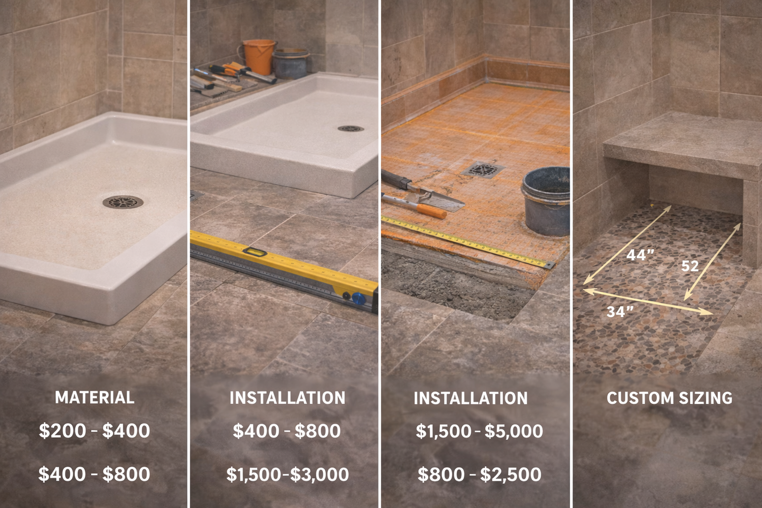 Shower pan cost factors including pan type, drain style, custom sizing, waterproofing method, and installation labor