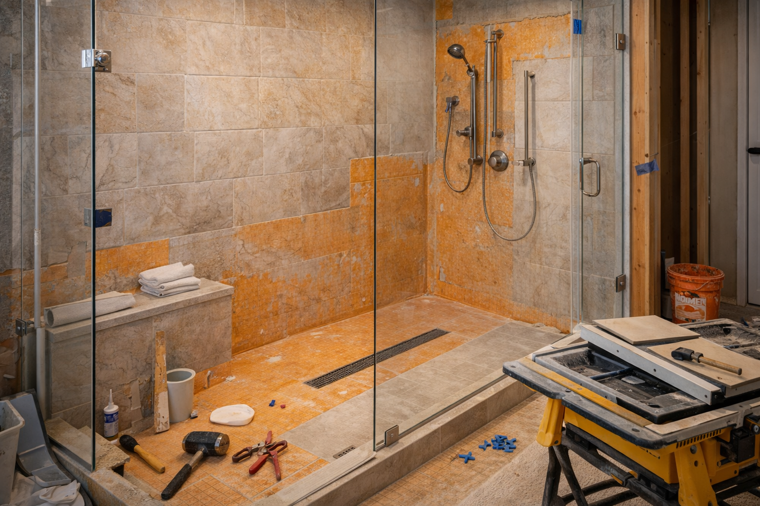 Shower remodel cost factors including tile choice, glass type, drain style, fixture upgrades, and installation labor