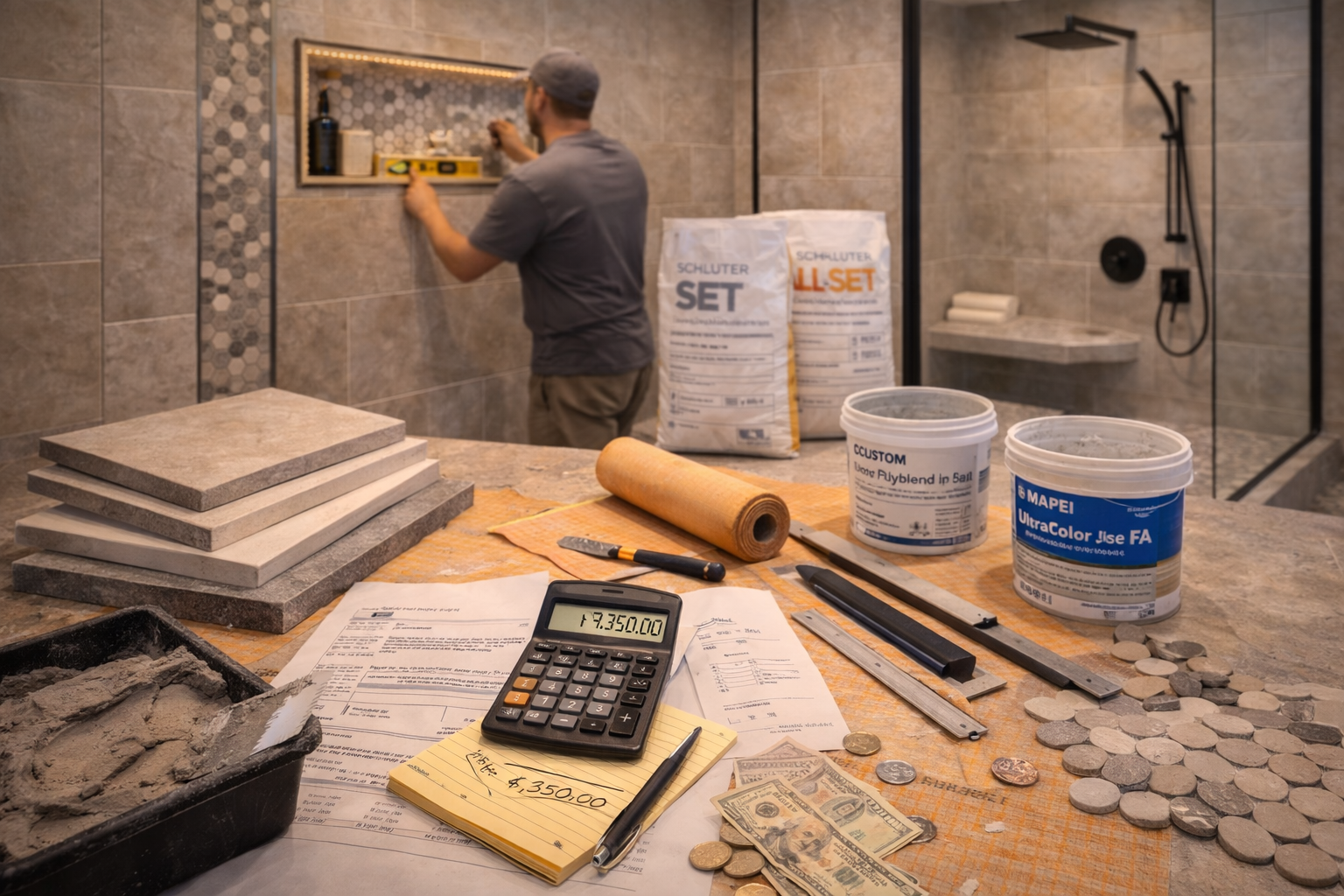 Shower tile cost factors including tile material, layout complexity, niche work, trim pieces, and installation labor