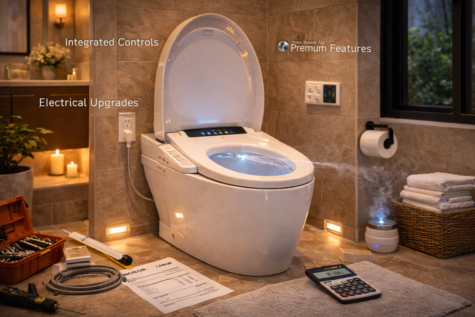 Smart toilet cost factors including automation features, bidet functions, brand level, installation work, and electrical additions