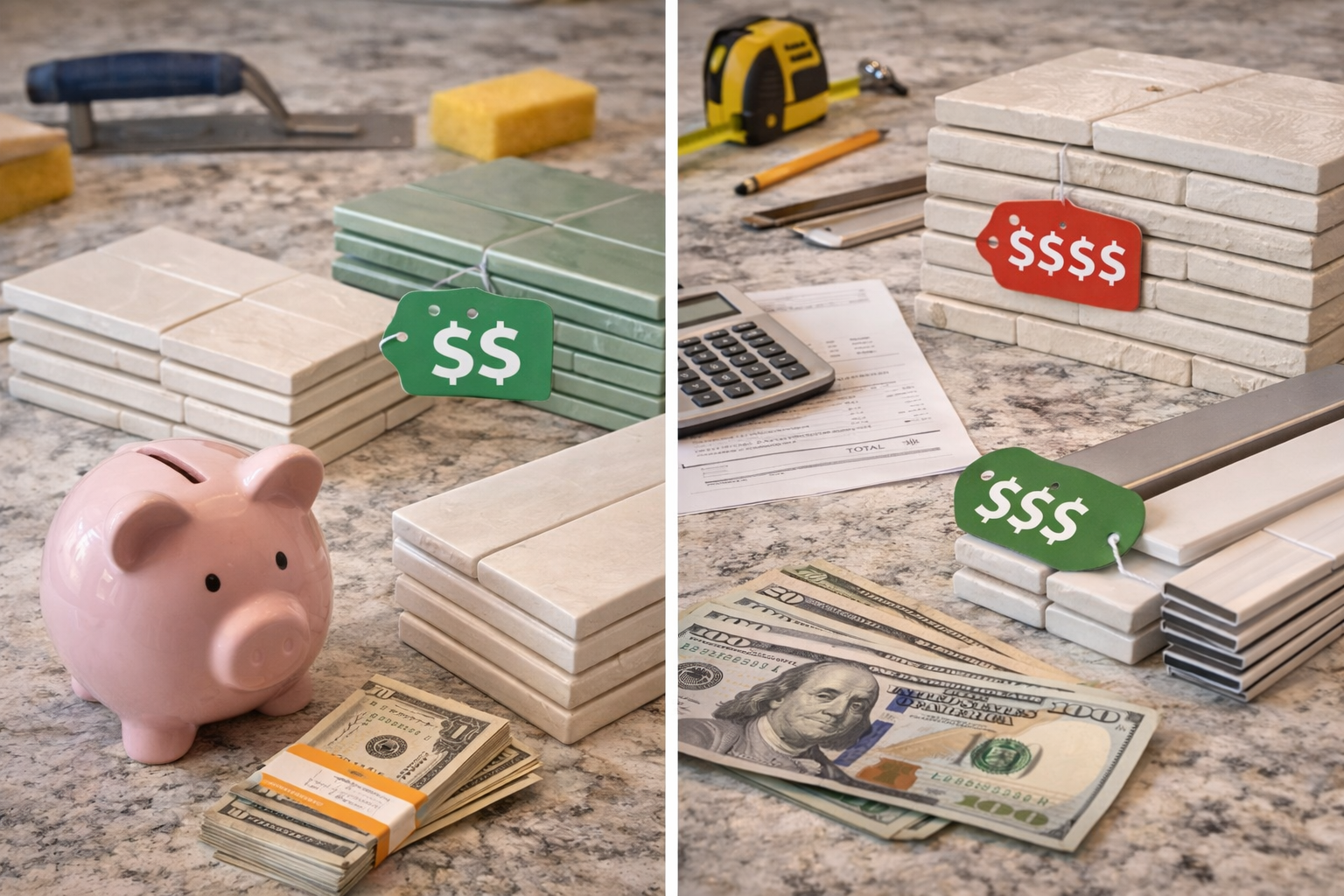 Subway tile backsplash project showing tile material, layout complexity, and outlet cuts