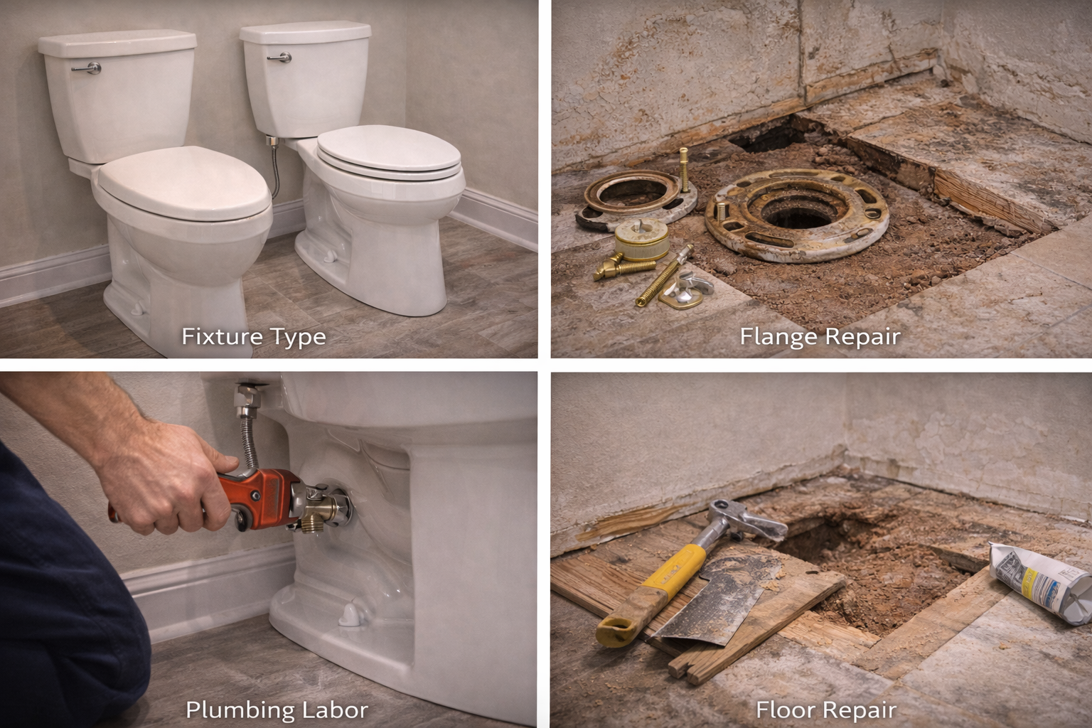Toilet remodel cost factors including fixture selection, plumbing changes, wall and floor repair, and installation labor