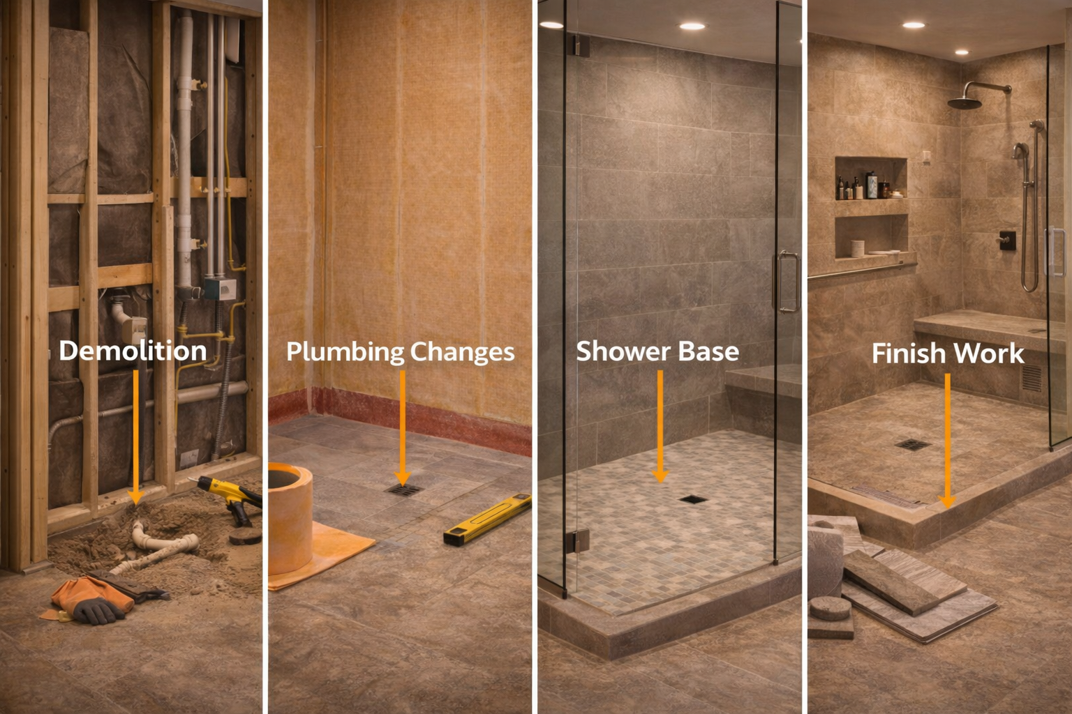 Tub-to-shower conversion cost factors including demolition work, plumbing moves, wall finishes, and glass enclosure upgrades