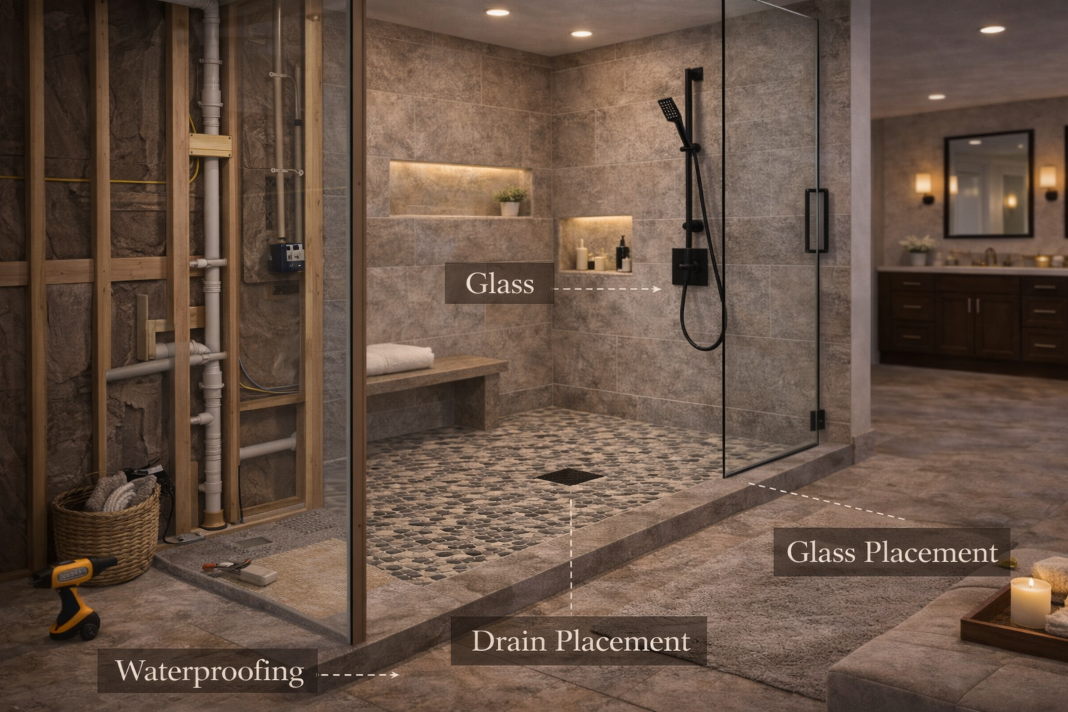 Walk-in shower cost factors with glass enclosure, tile work, drain changes, and waterproofing labor