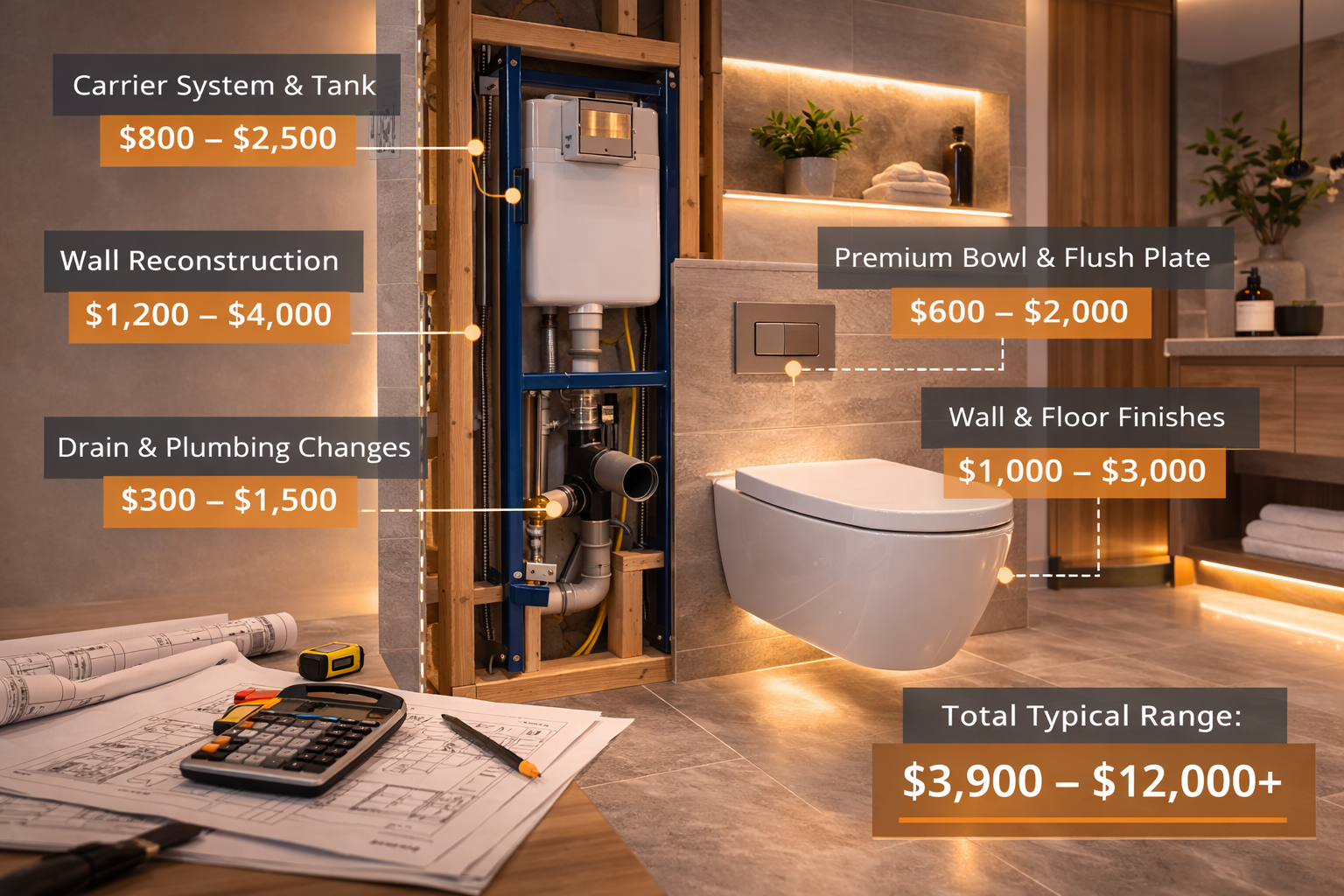 Wall-mounted toilet cost factors including carrier system, wall modifications, bowl selection, finish work, and plumbing labor