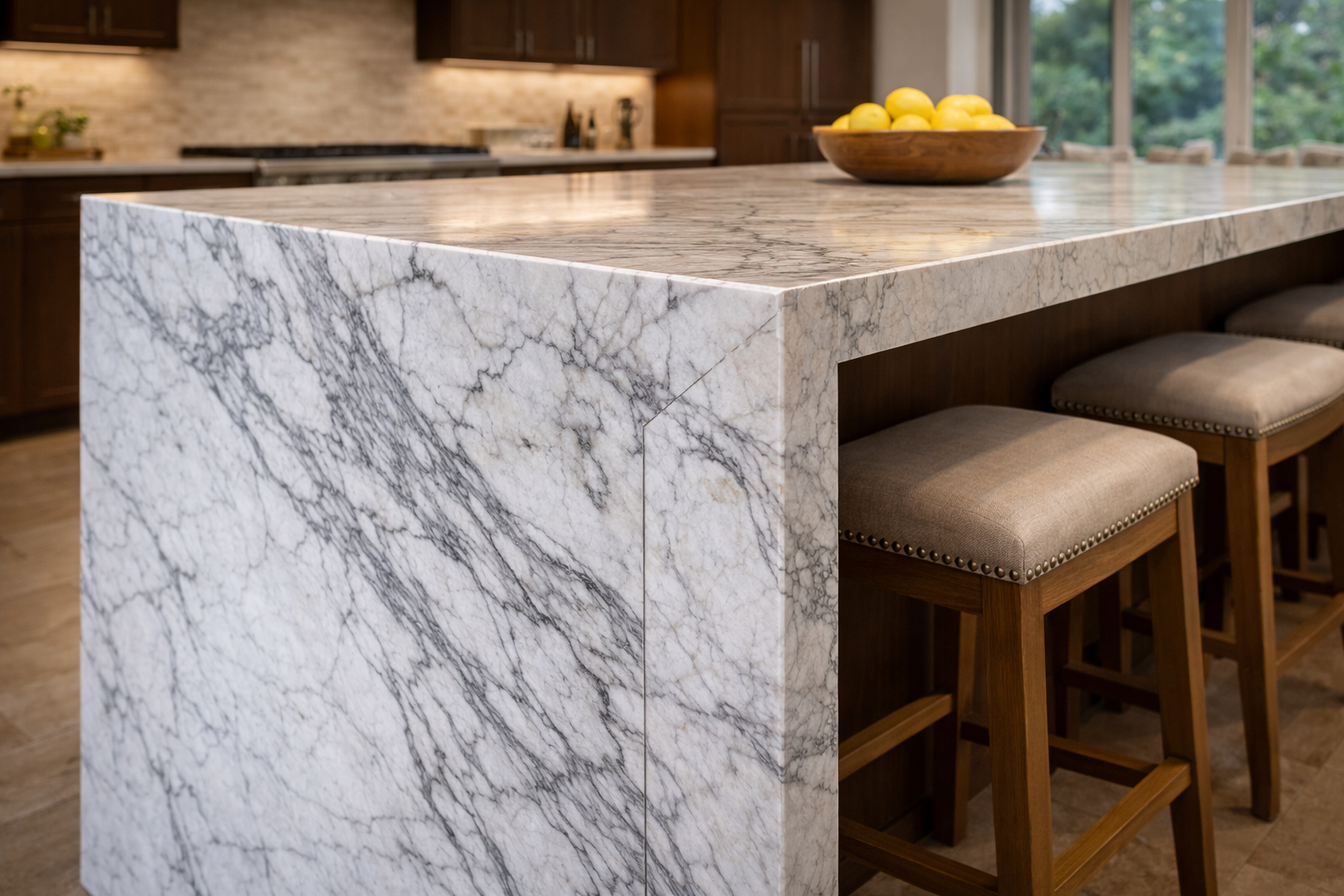 Waterfall island cost image with added slab material fabrication complexity and installation labor pricing context