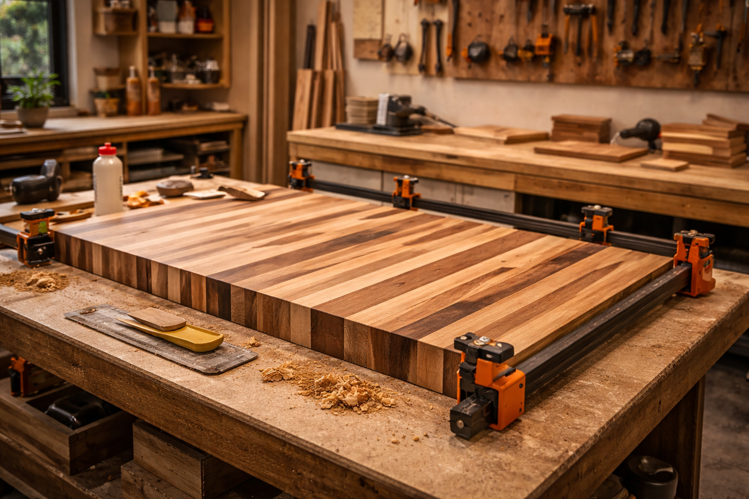 Butcher block countertop surface with visible wood grain, thick edge profile, and a warm prep area in a kitchen remodel