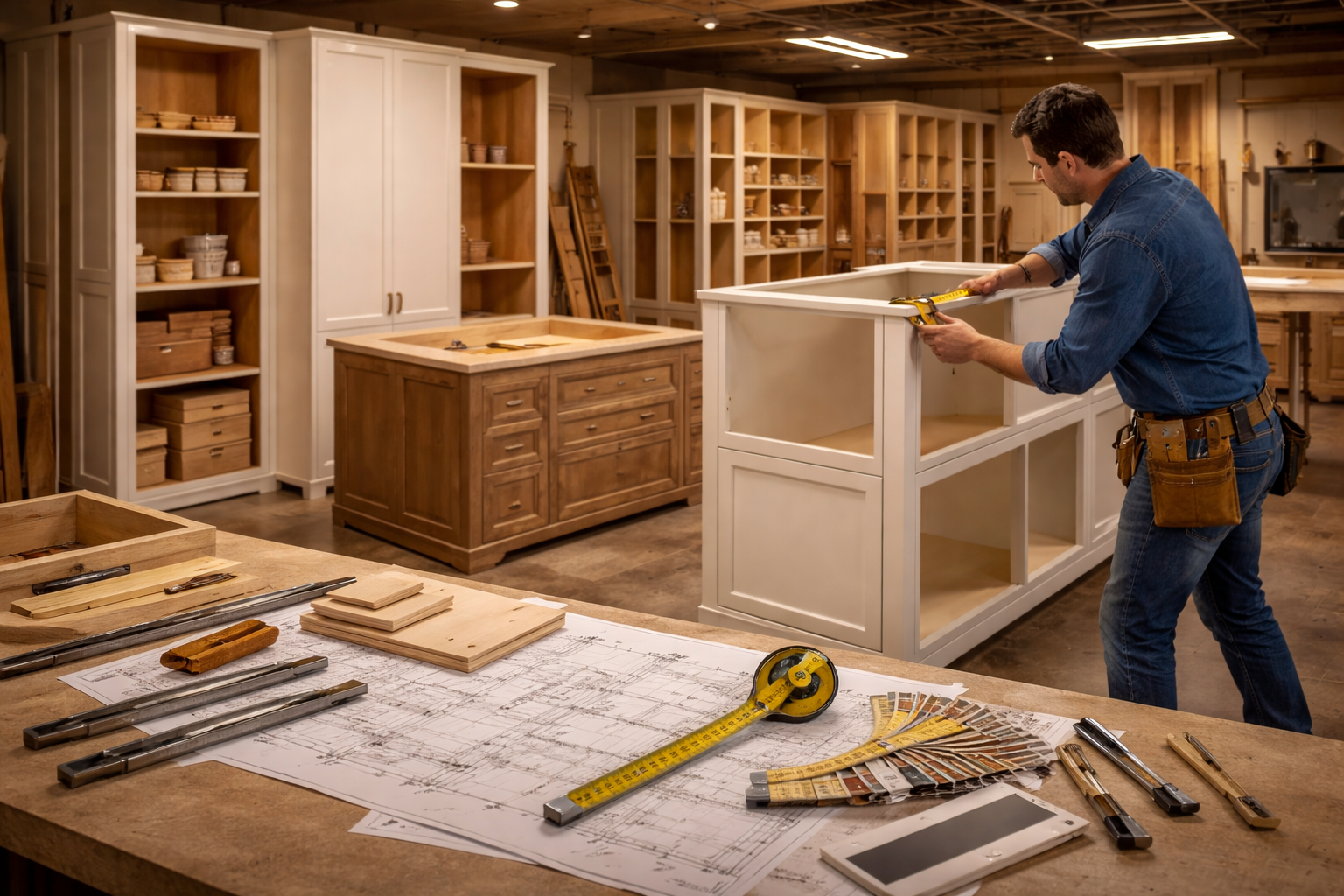 Custom kitchen cabinets built to exact sizes with slab and paneled fronts, integrated storage, and precise wall fit