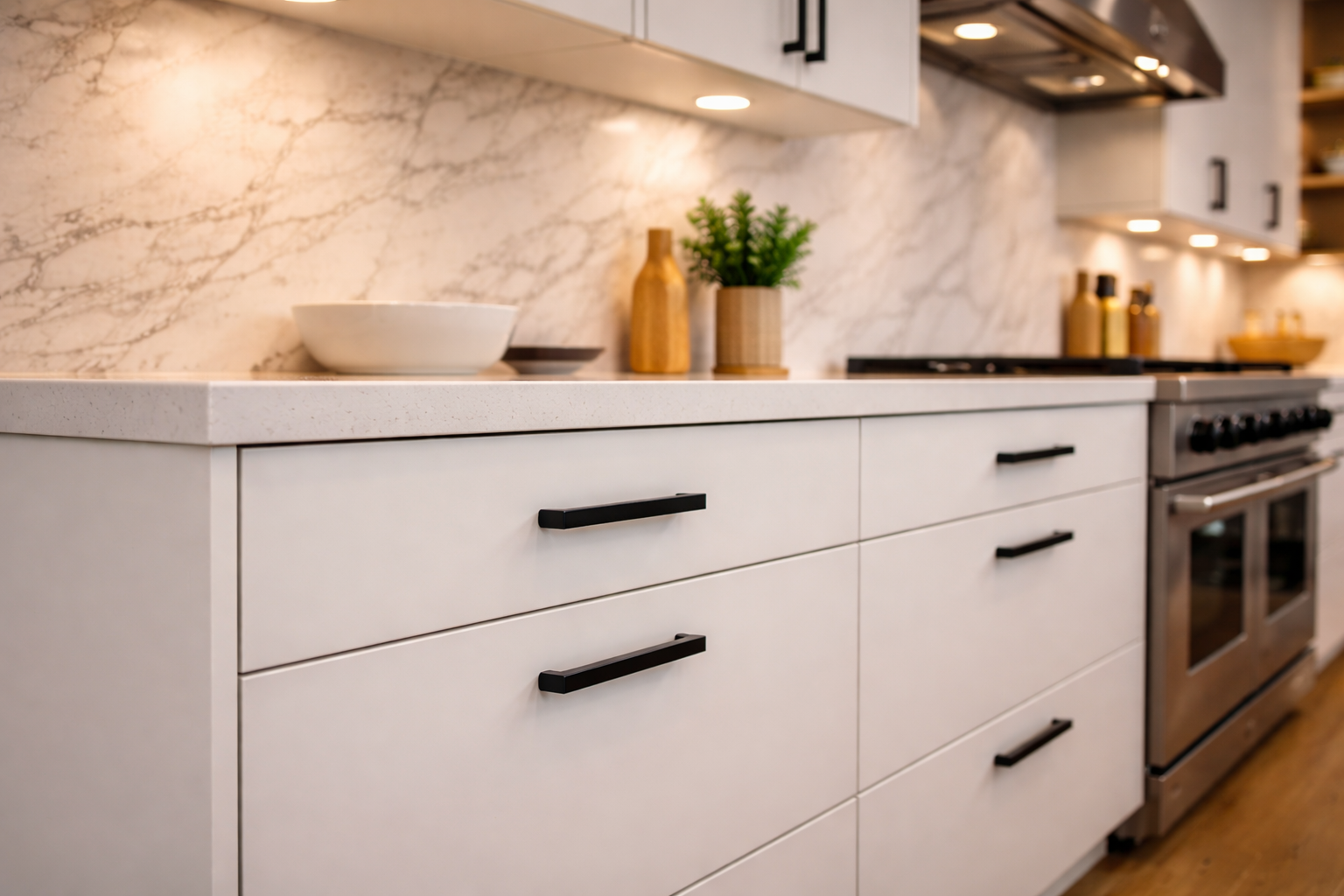 Flat-panel cabinet doors with smooth slab fronts, even reveals, and minimal detailing in a bright kitchen