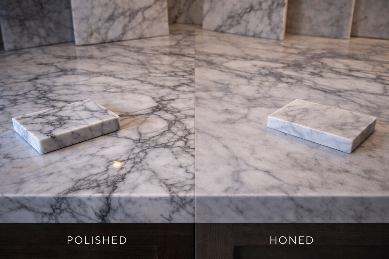 Marble countertop surface with natural stone veining, smooth edge detail, and a refined kitchen work area