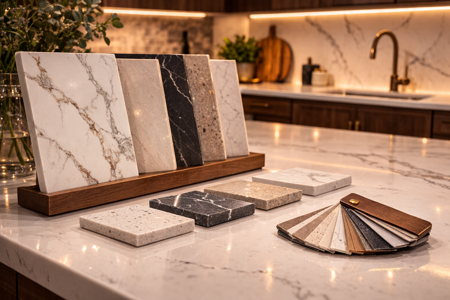 Quartz countertop surface with engineered stone pattern, clean edges, and a durable work area in a kitchen remodel